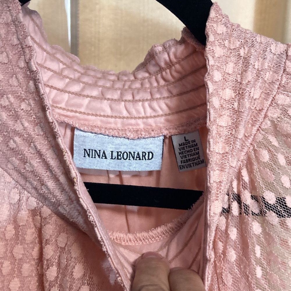Nina Leonard Pink Peach Sheer Mock Neck Dress Swiss Dot Large Romantic Feminine - Picture 4 of 8